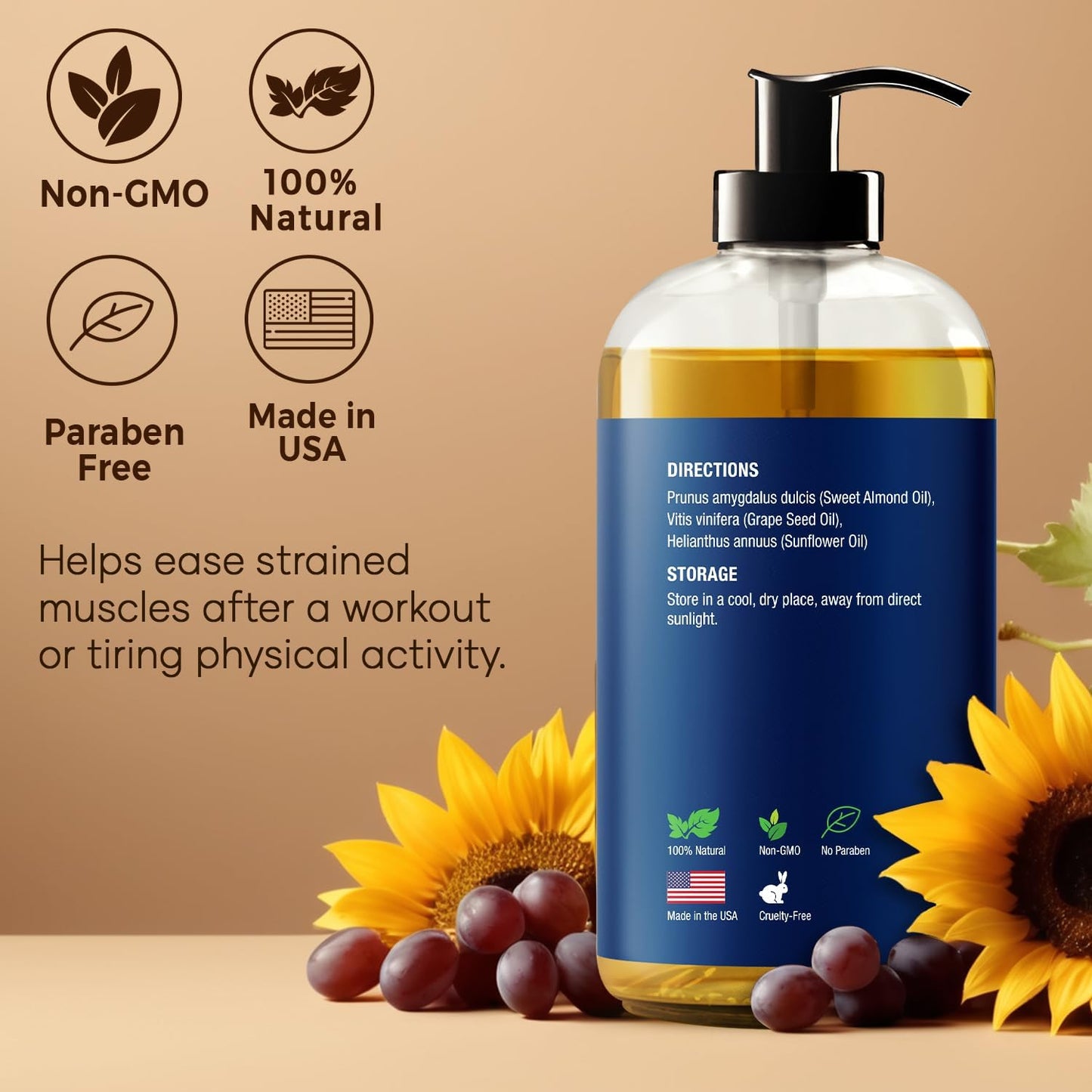 Unscented Massage Oil for Massage Therapy 8 fl oz - Refreshing and Relaxing - Natural Oils with Sweet Almond, Grape Seed and Sunflower Oil - for Men and Women - Nexon Botanics