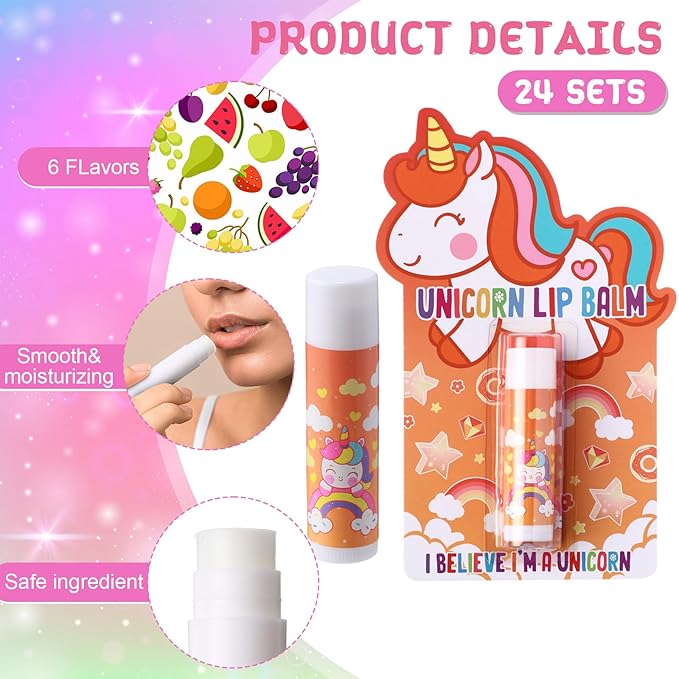 24 Sets Unicorn Party Favors Lip Balms Bulk for Kids Birthday Party Moisturizing Lip Balm for Unicorn Themed Celebration Gifts Lip Care Products for Classroom Rewards Favor Party Supplies