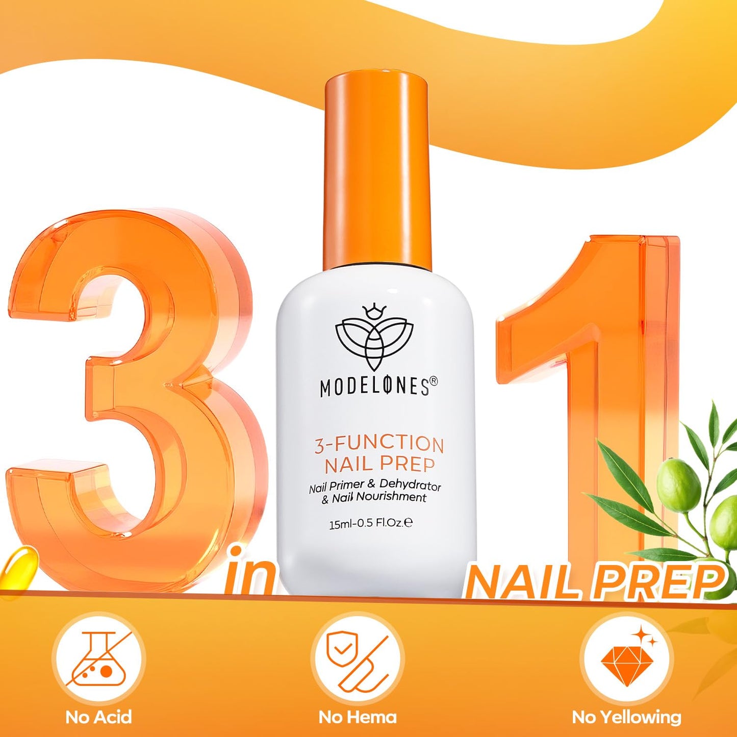 modelones Nail Dehydrator and Primer, 3-in-One HEMA-Free Nourishing Prep for Acrylic & Gel Nails, Manicure Tables Supports Growth