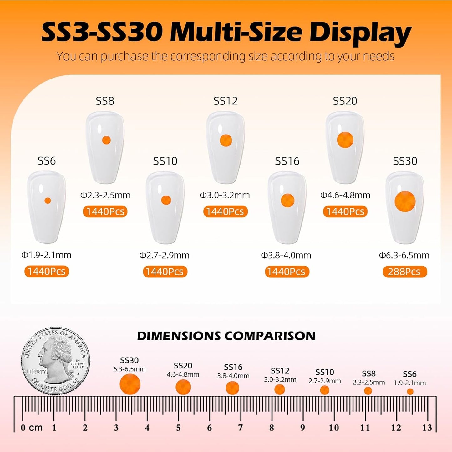 Neon Orange Flatback Rhinestones, Glass Rhinestones for Nail Art and Craft, Glue Fix, Loose Crystal Gemstones(Neon Orange, SS6, 1440pcs, 1.9-2.0mm)