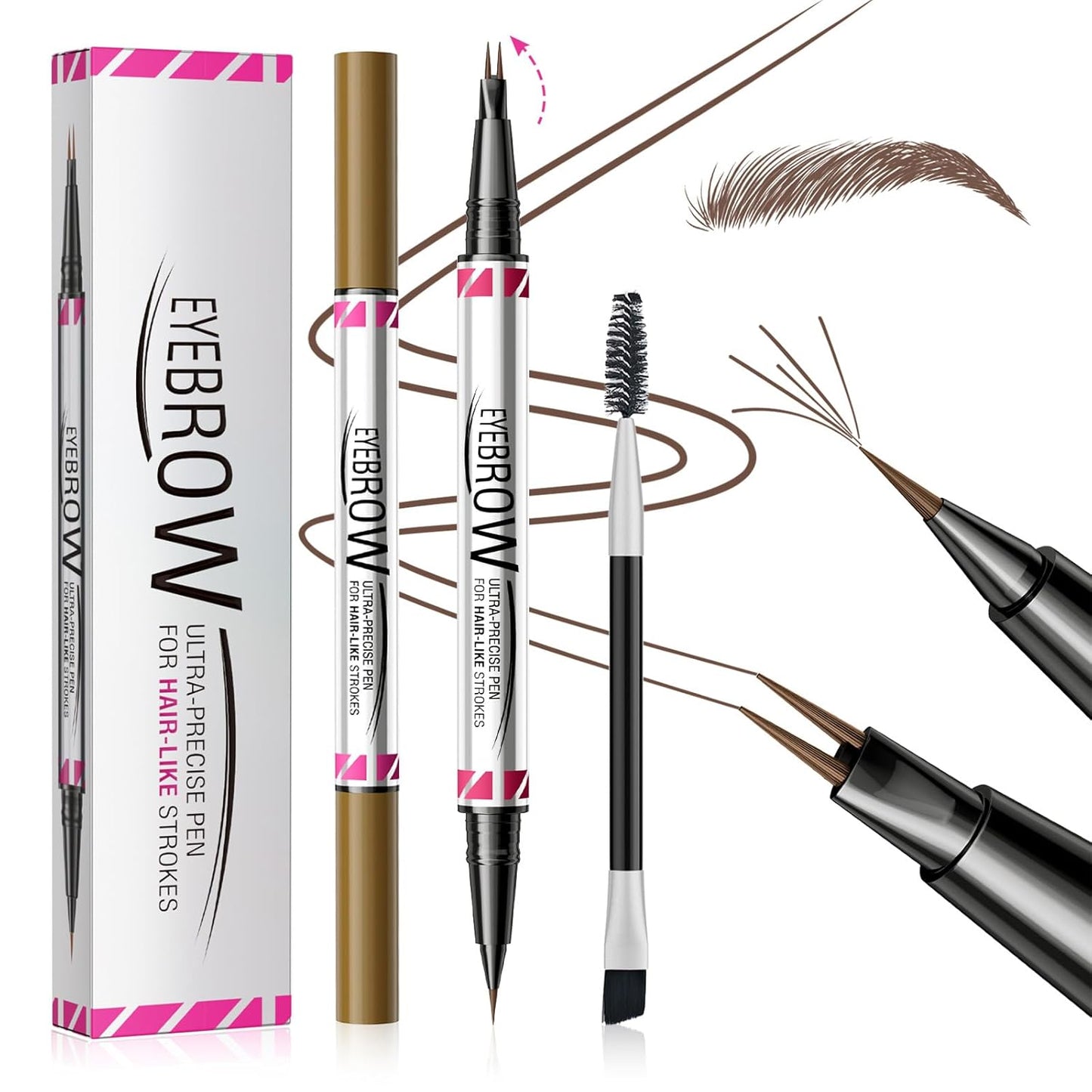 Microblading Eyebrow Pencils for Women - Eyebrow Pen 2-in-1 Dual-Ended Eye Brow Pencil with Precise 2-Fork-Tip & Brush-Tip Waterproof Eyebrow Pen for Hair-Like Brows, Last All Day, Brown