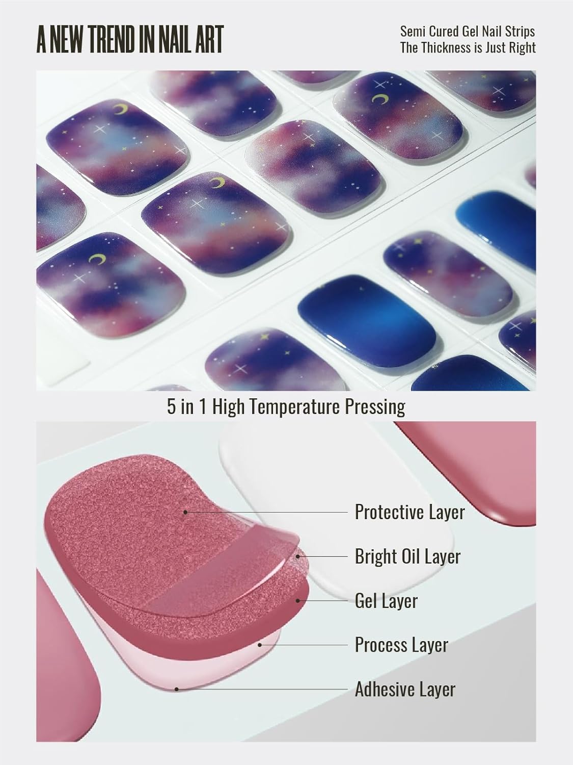 Semi Cured Gel Nail Strips, 30 pcs Gel Nail Stikers, Gel Nail Wraps Semi Cured, Salon-Quality, 2 Weeks Long Lasting, Starry Sky