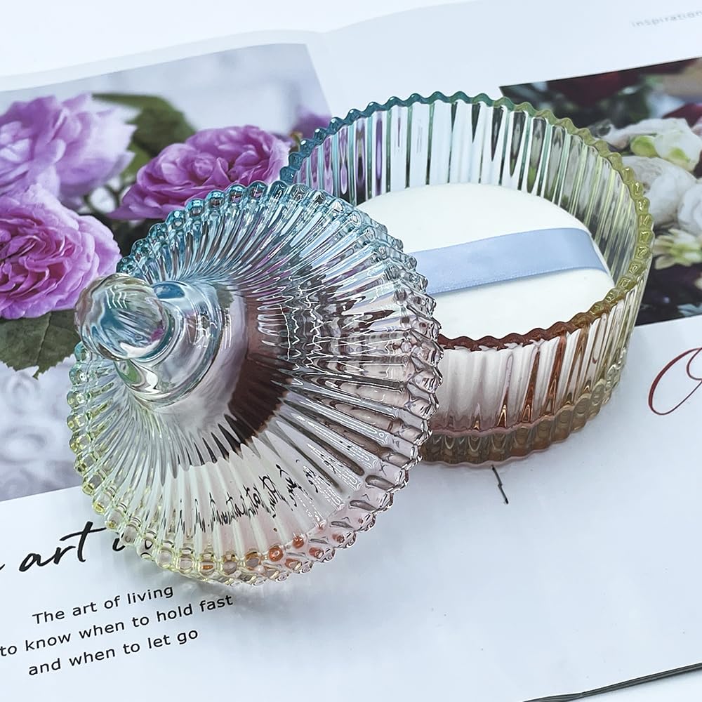 Ultra Soft Powder Puff and Rainbow Container 3.3" High Density Velvet Dusting Washable Reusable Powder Puff,Body Powder Puff and Glass Jar Holder Loose Powder Box with Puff(Multi-Color)