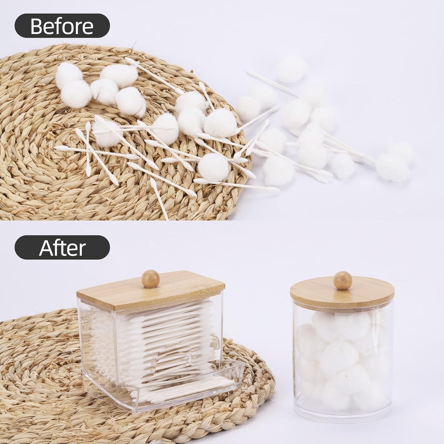 Tbestmax Qtips Dispenser, 10/12 oz Big Cotton Ball Holder Bathroom Container - Plastic Apothecary Jar Organizer for Storage Swabs, Rounds, Floss Picks - Bamboo Lids