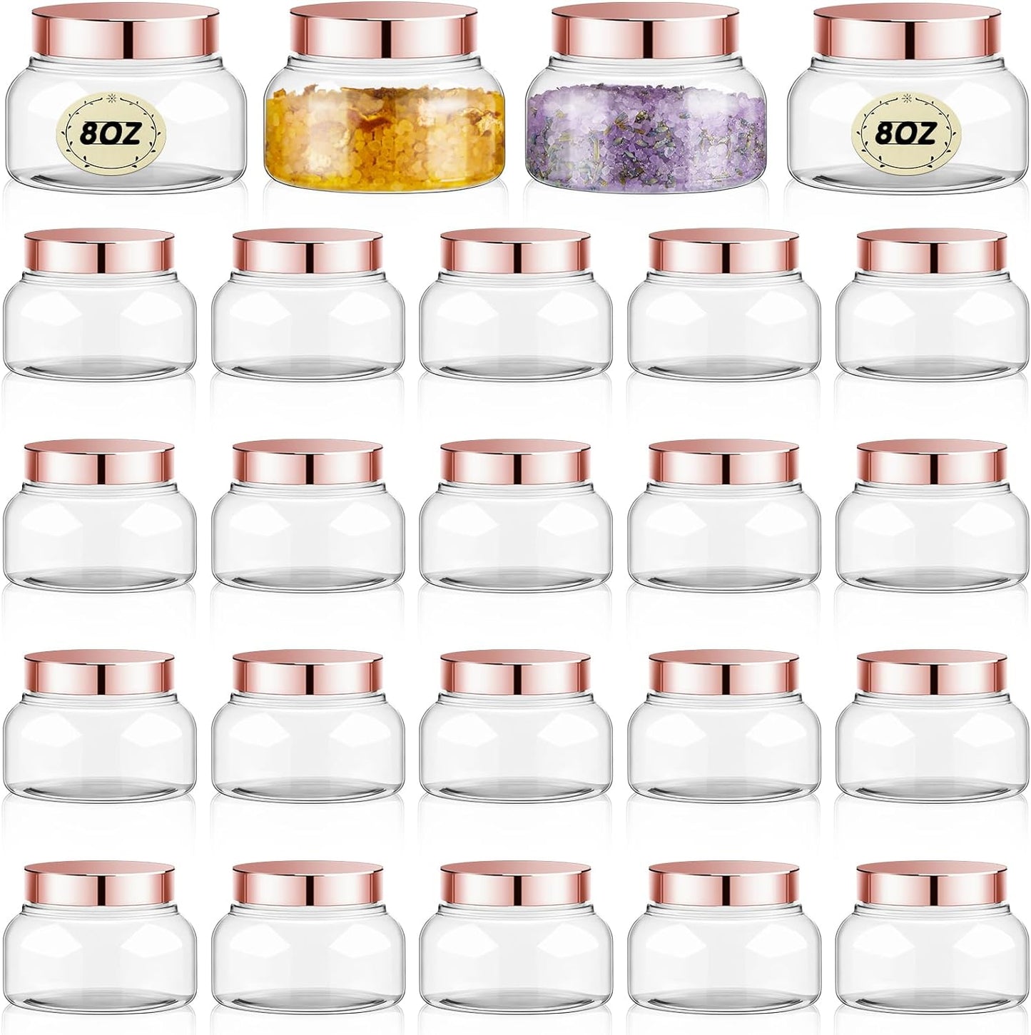 Tessco 24 Pack Plastic Jars with Lids Labels Empty Clear Plastic Jars Round Refillable Cosmetic Containers Body Butter Containers Bulk Sugar Scrub Bottle for Make Up(8 oz,Rose Gold)