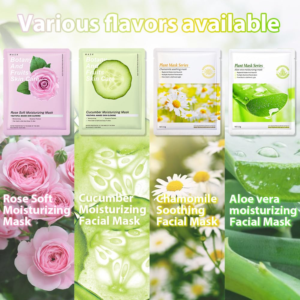 12 Pack Various Plants Face Sheet Mask Skincare,Hydrating Face Mask For Sensitive Skin,Moisturize,Soothing,Nourish for All Skin Types,Natural Spa Party Facial Mask Skincare Set for Women Men Girls