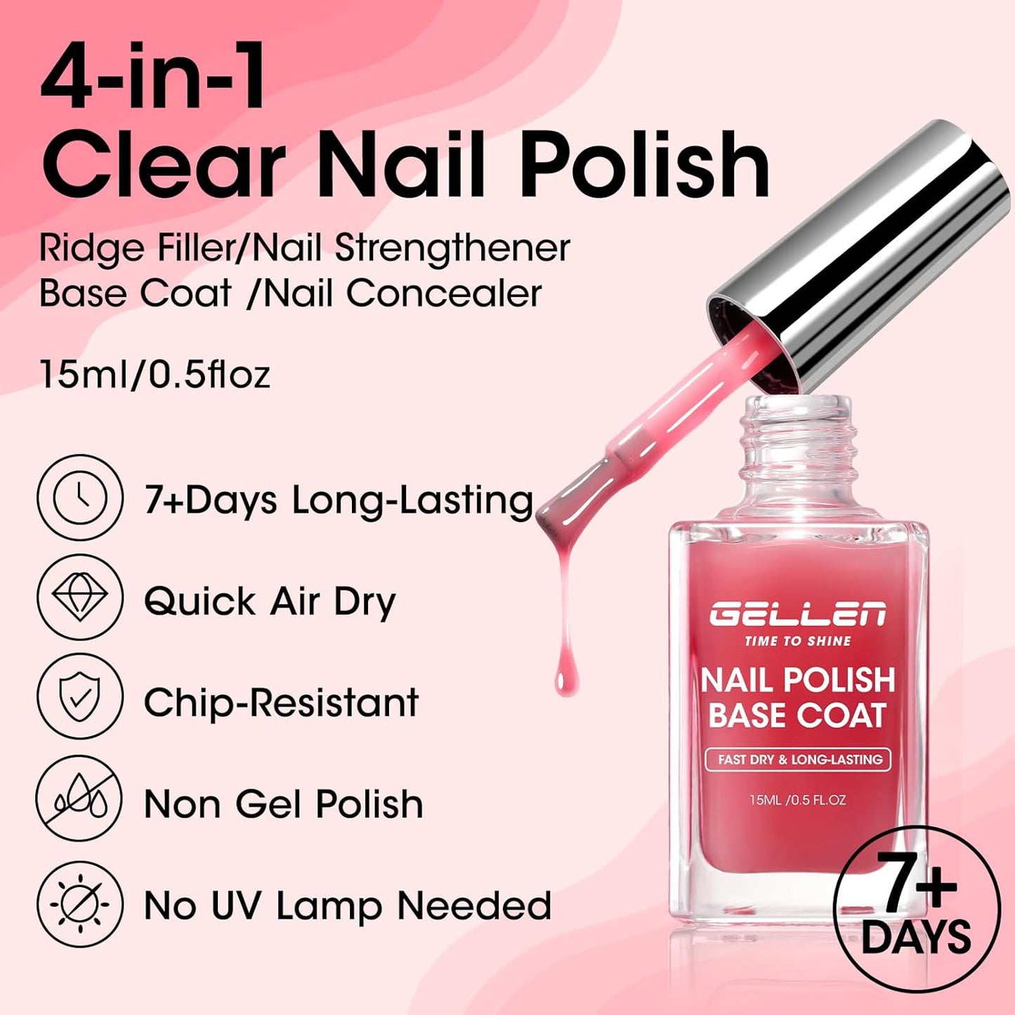 Gellen 4‑in‑1 Clear Nail Polish Base Coat Sheer Tinted Red, Ridge Filler, Nail Strengthener & Concealer, Calcium Formula Strengthens Nails, Natural Color Enhances Natural Look, No HEMA, Anti-yellowing