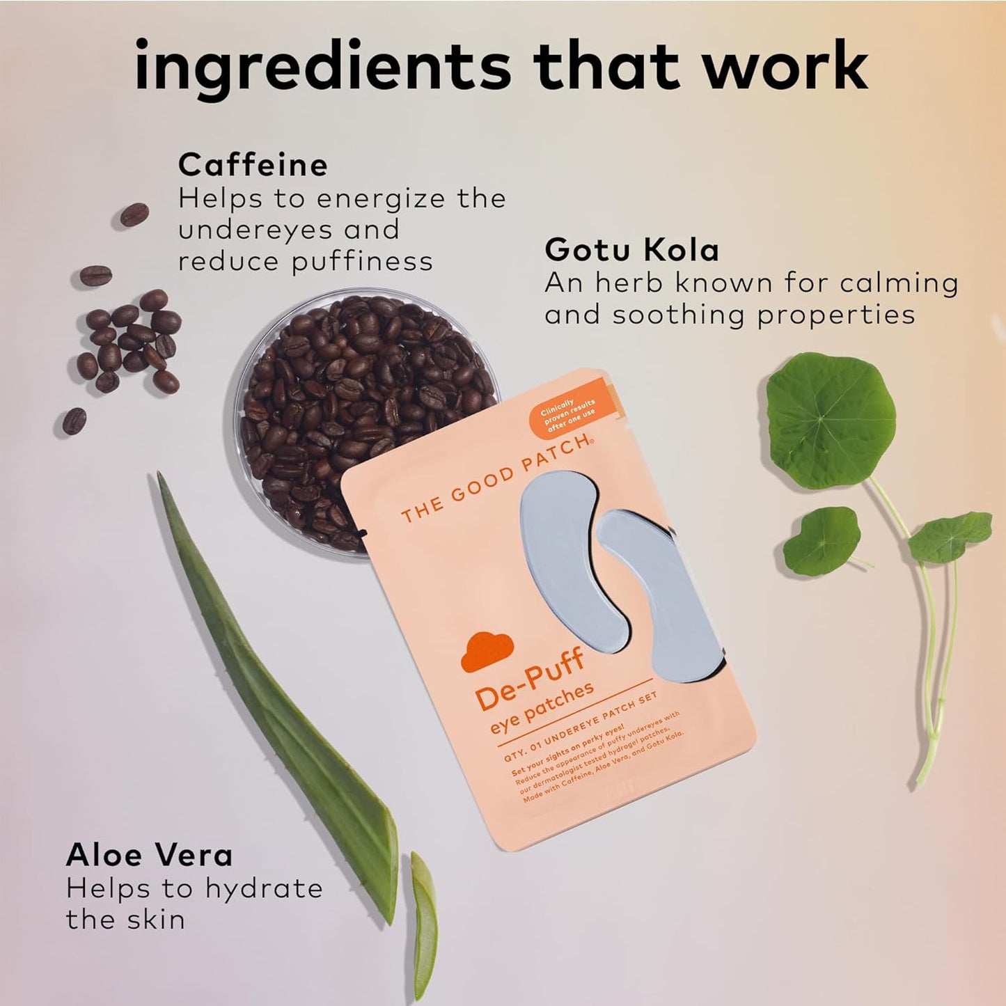 The Good Patch De-Puff Cooling Hydrogel Under Eye Patches for Puffy Eyes and Under Eye Bags, Made with Caffeine, Aloe Vera, Gotu Kola, Clinically Proven (18 Total Patch Sets)