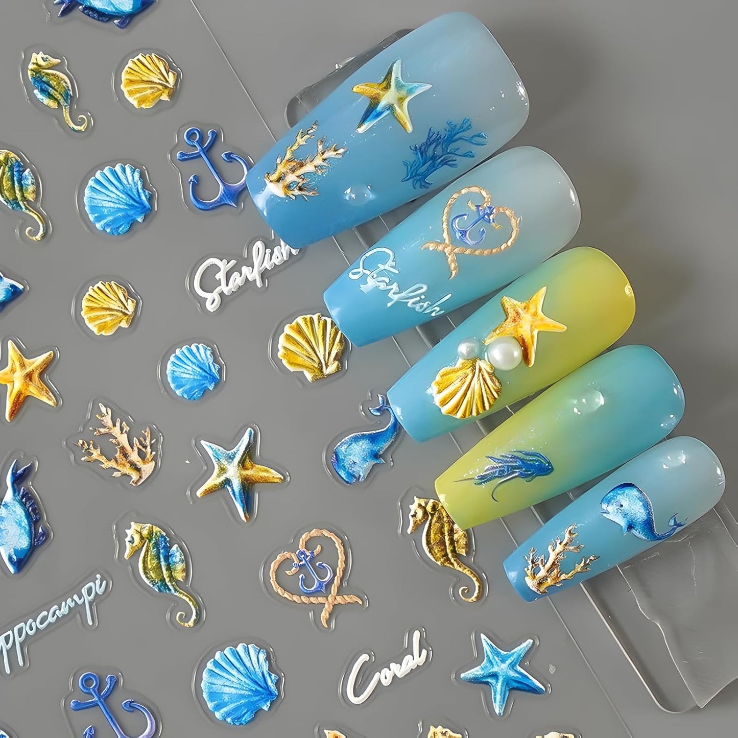 Summer Nail Art Stickers Decals 5D Embossed Self Adhesive Blue Seashell Starfish Nail Stickers Ocean Nail Decals for Nail Art Marine Life Nail Design Decoration Accessories for Women 2 Sheets