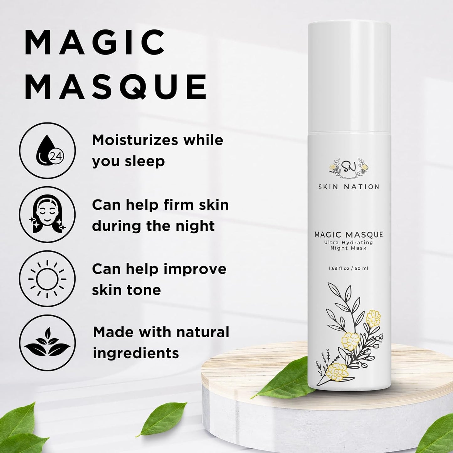 Skin Nation Magic Masque, Hydrating Night Mask with Hyaluronic Acid & Botanicals, Plant-Based Overnight Mask for Dry Skin, Smooth Texture & Radiant Glow, 1.69 fl oz