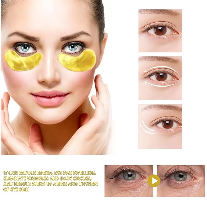24k Gold Under Eye Patches, 60 Pcs Eye Gels, Anti-Aging Collagen Hyaluronic Acid Under Eye Mask, Under Eye Mask for Dark Circles and Puffiness, Eye Bags, Wrinkles