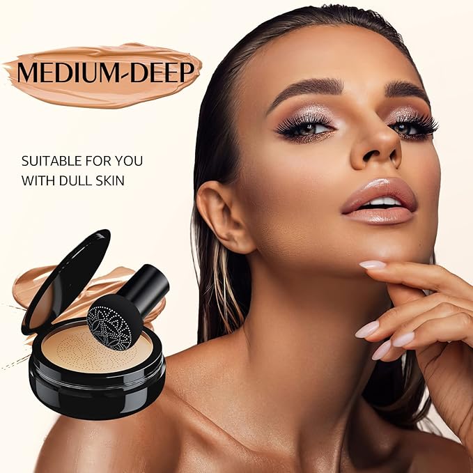Mushroom Head Air Cushion CC Cream - Oil Control & Moisturizing Concealer Makeup Base, Brighten Long - Lasting Even Color Correcting Concealer Full Coverage for All Skin Types (Medium Deep)