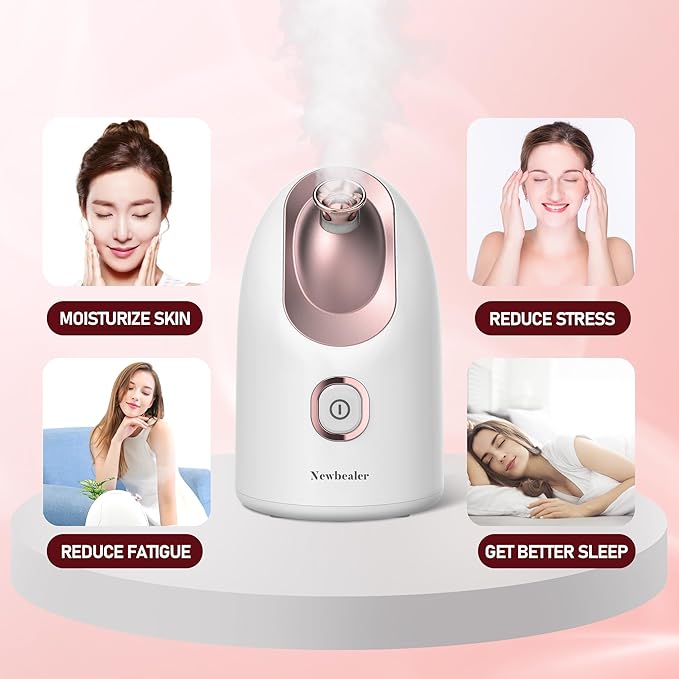 Newbealer Facial Steamer, Mini Aroma Face Steamer, Nano Ionic Hot Mist Face Humidifier for Facial Deep Cleaning, Home Sauna Spa Sprayer with 9 Pieces Acne Remover Kit (White-Gold, 160 ML)
