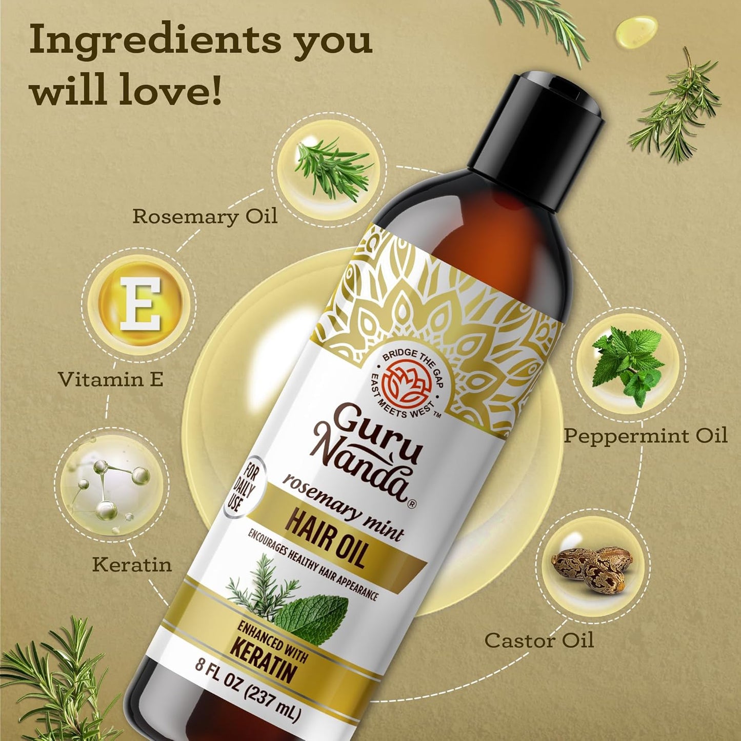 GuruNanda Rosemary Mint for Hair Growth with Keratin & Vitamin E Oil - Encourages Scalp, Shine & Hair Strengthening- 100% Natural, Cruelty-Free, 8oz