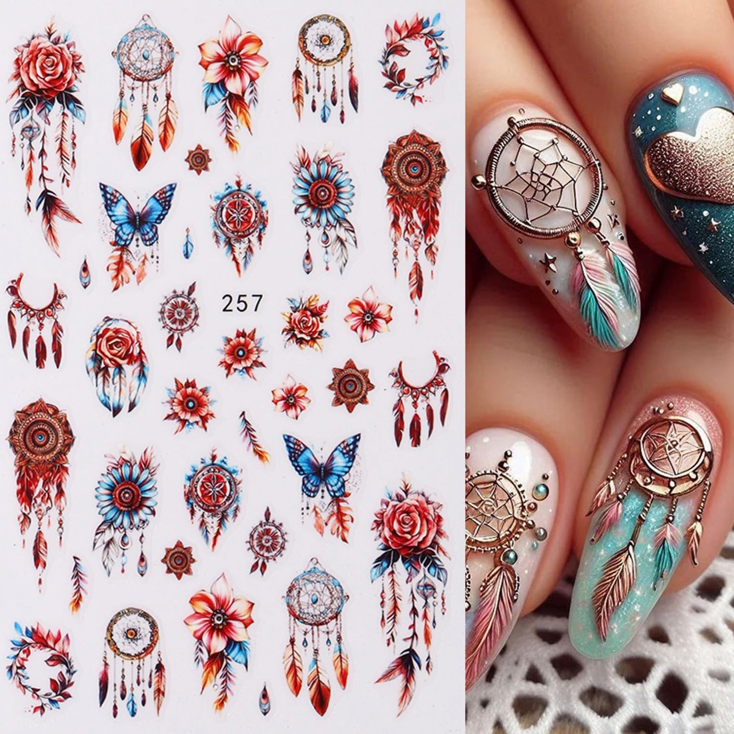 6 Sheets Bohemian Nail Art Stickers Decals Retro Feathers Nails Stickers for Nail Art Self-Adhesive Nails Decals