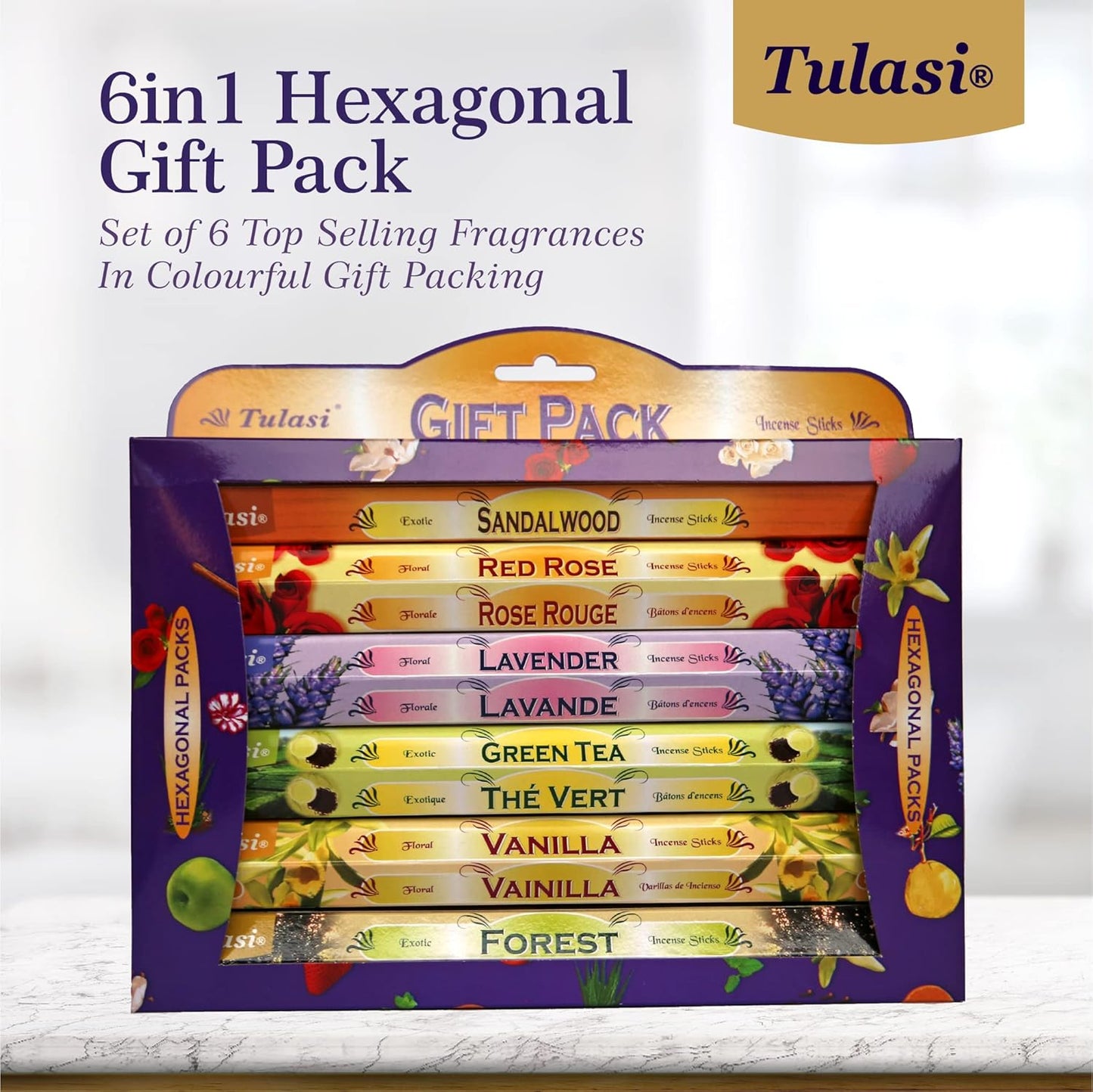 Tulasi Incense Sticks with Natural Oils Set of 6 Fragrances (120 Sticks) Hand Rolled Incense Sticks, Calming Home Aromatherapy, Meditation, Relaxing, Mixed Scents with Natural Oils
