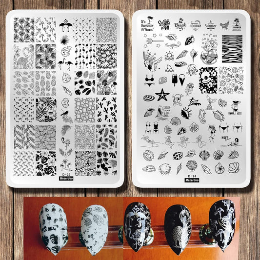Summer Nail Art Stamping Plates Kit- 2pcs Mermaid Swan Nail Art Plate Templates Flamingo Flowers and Cute Ocean Animals Stamp Templates Set Nails DIY Design Gift for Women