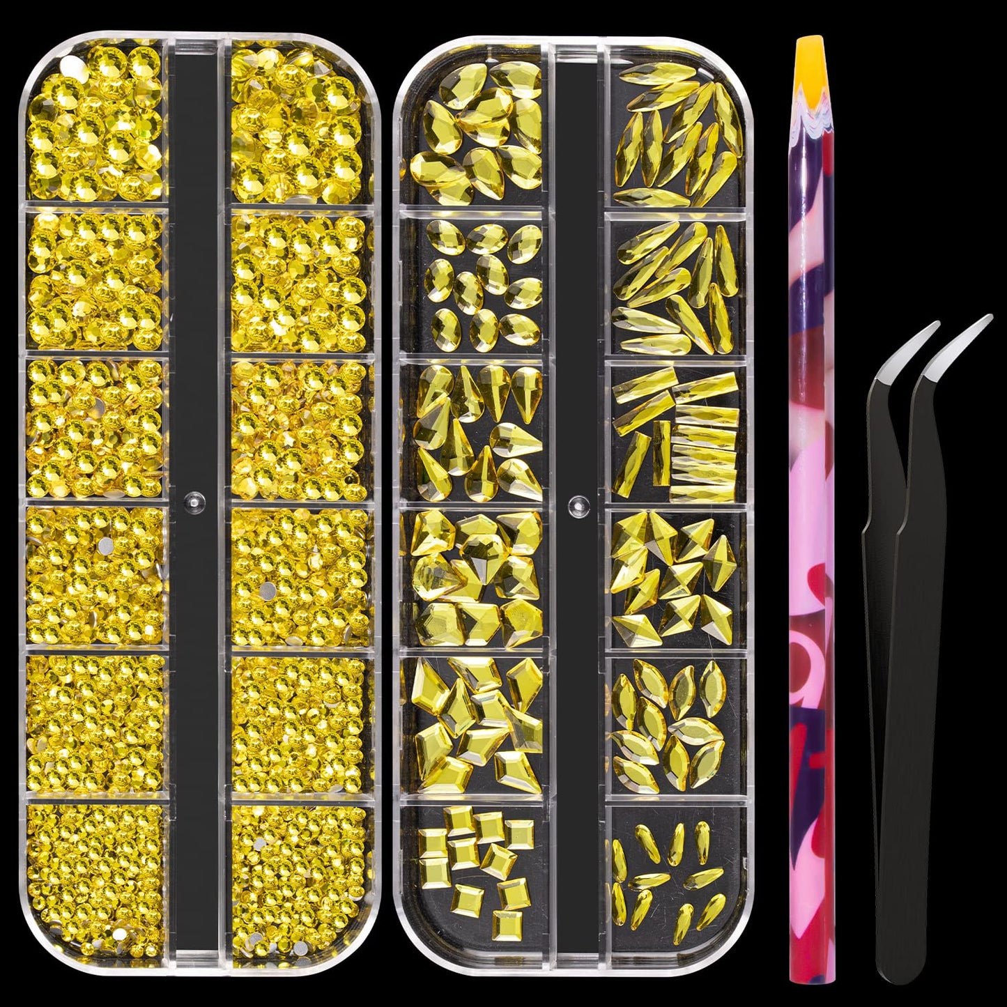 Multi Shapes Lemon Yellow 3D Glass Crystal Nail Art Rhinestones Kit with Flatback Round Bead Charm Gem Stone Jewelry Diamond with Pickup Pen + Tweezer for Manicure Makeup DIY Craft Decoration