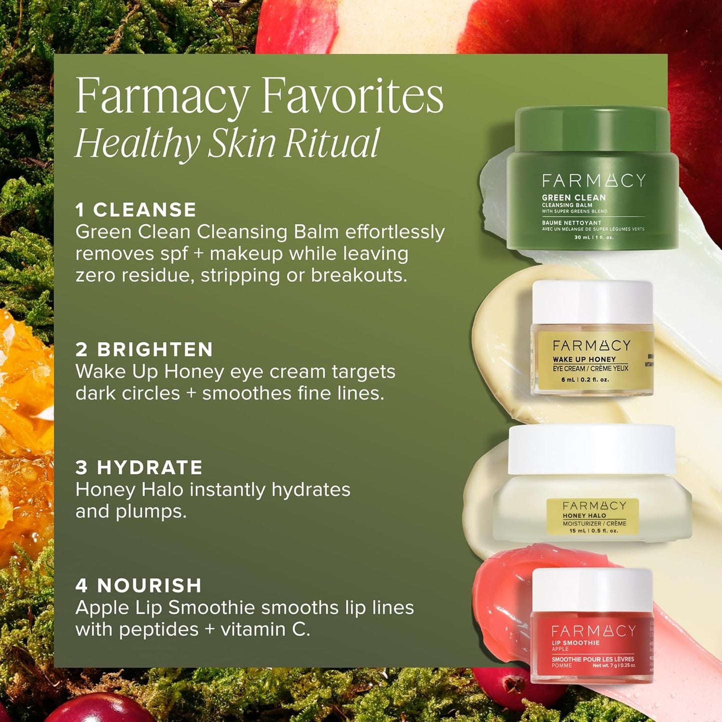 Farmacy Favorites Skin Care Set - Includes Green Clean Cleansing Balm, Wake Up Honey Eye Cream, Honey Halo Face Moisturizer & Lip Smoothie - Travel Size Skincare for Healthy, Glowing Skin (4 Count)