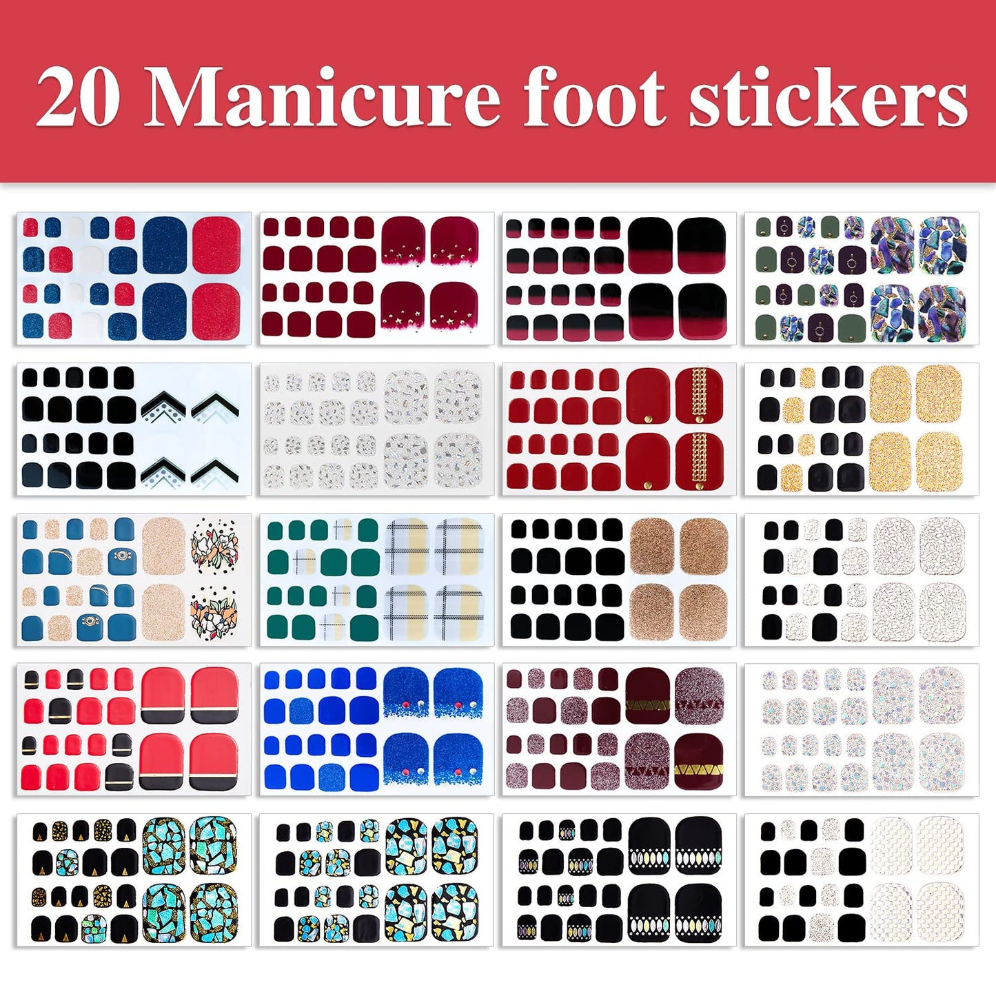 WOKOTO 20 Sheets 440 Pcs Toe Nail Polish Stickers for Toes Nail Full Wraps Glitter Nail Polish Strips Gel Nail Strips Wraps Mermaid Gel Strips for Women