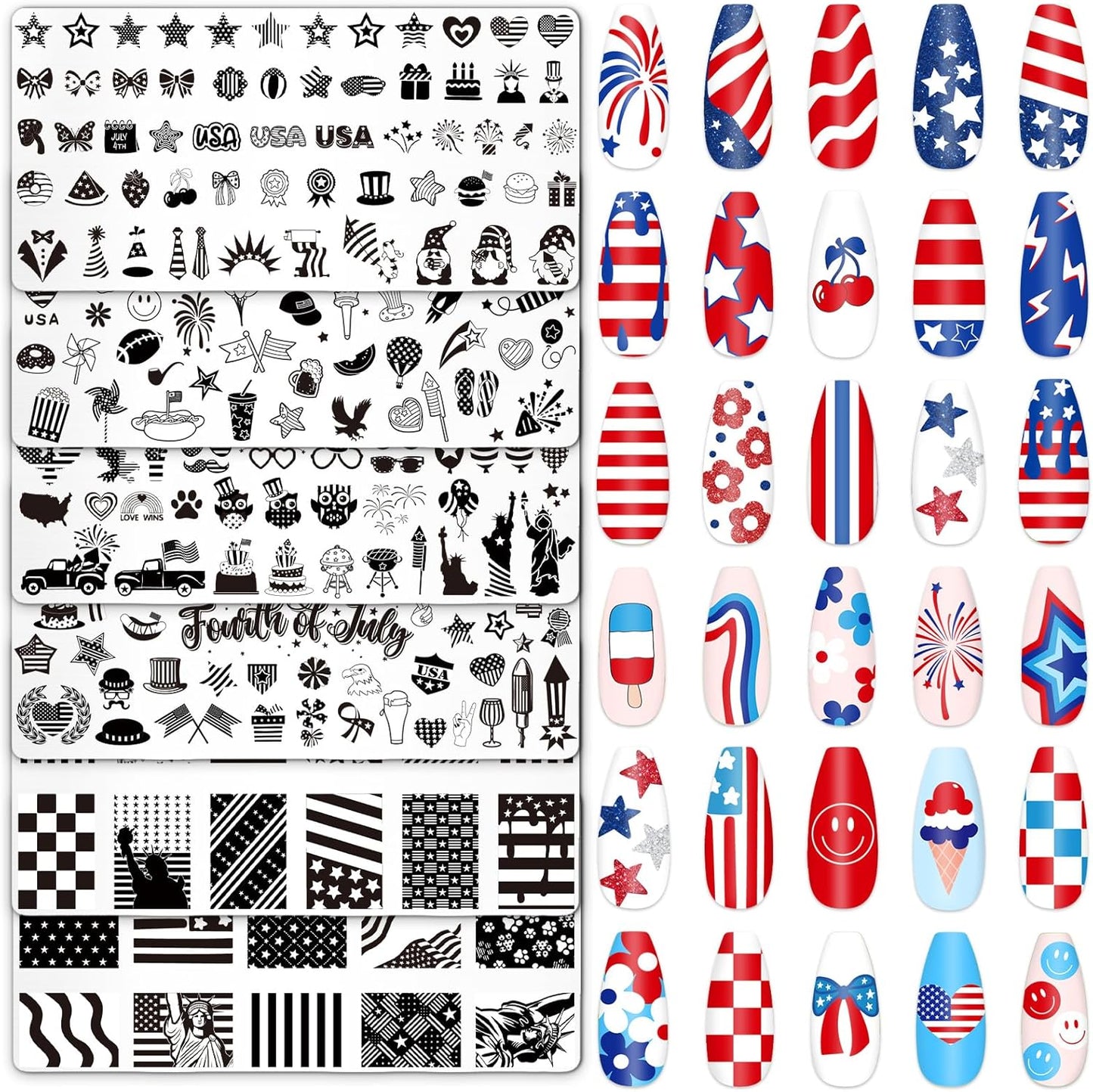 Whaline 6Pcs Patriotic Nail Plates Stamping Set USA Flag Star Stamp Templates 4th of July Nail Art Plates for Independence Day DIY Print Manicure Salon Design