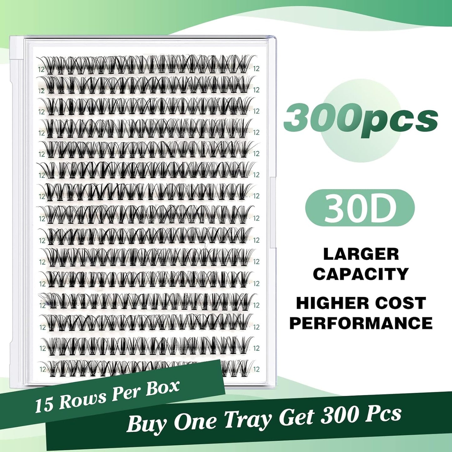 Lash Clusters 300pcs Eyelash Clusters 30D 0.07D Curl 12mm DIY Eyelash Extension KEYYOU Large Tray Volume Soft&Natural Individual Lashes(30D-0.07D,12）