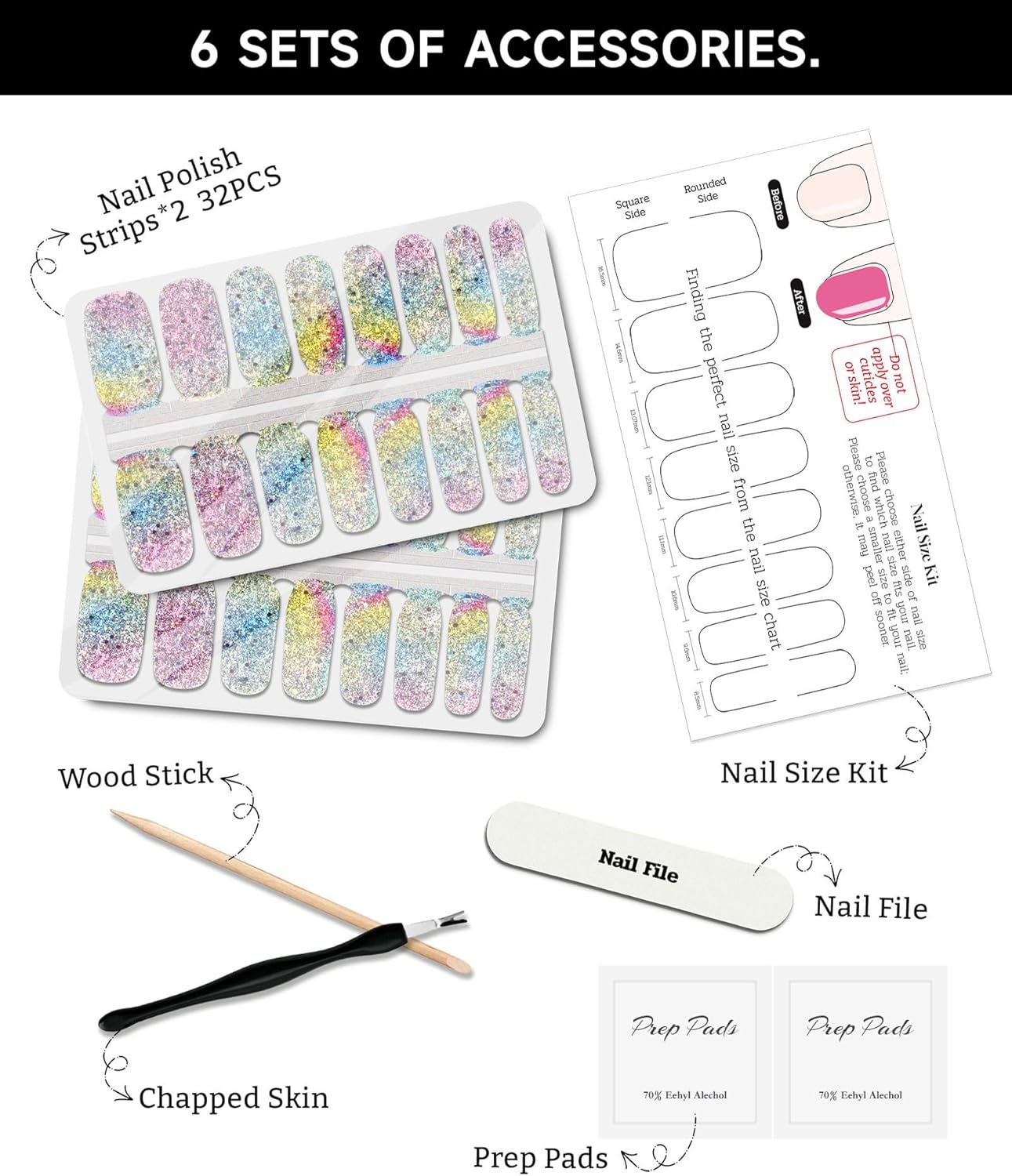 Glitter Nail Polish Strips, 32 Pcs Salon Quality Gel Nail Stickers, Long Lasting Wraps Easy to Use & Remove (Dreams Glimmer)