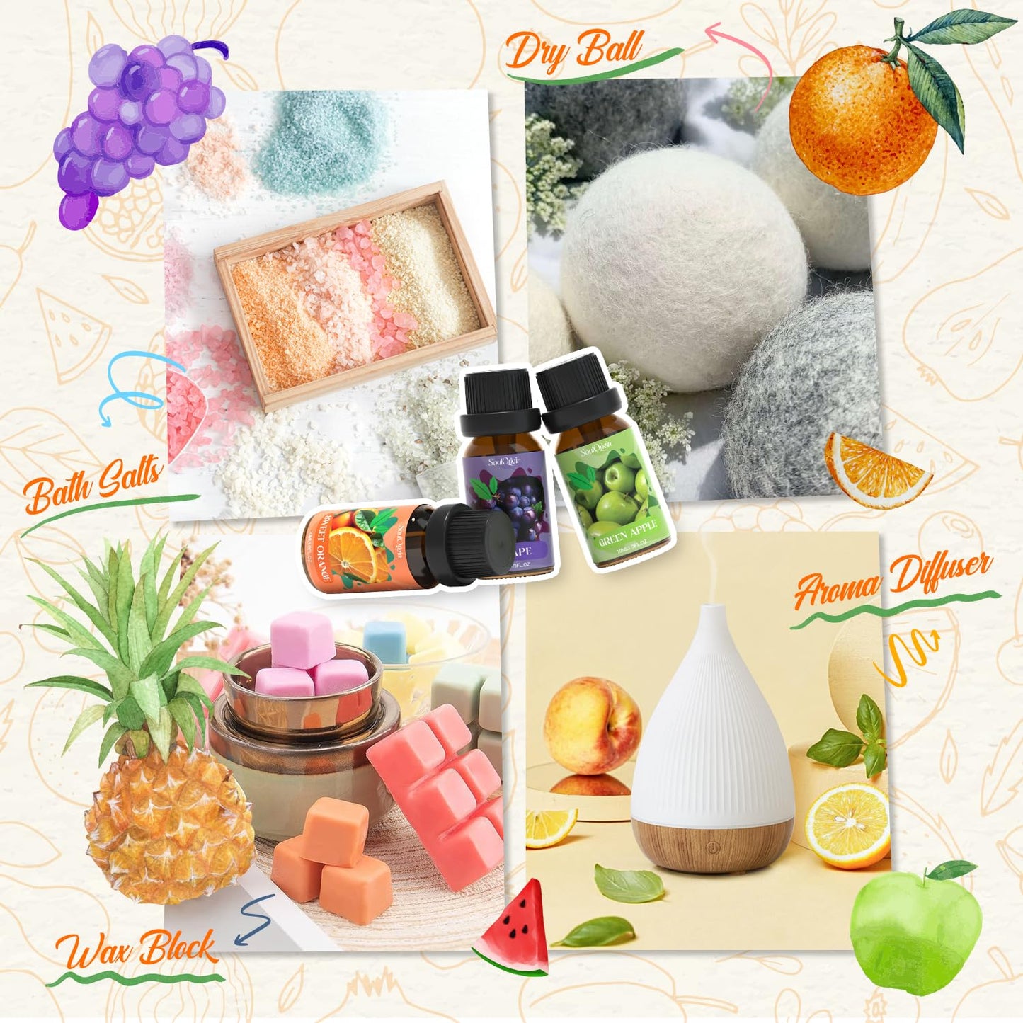Fruit Essential Oils Set, Fragrance Oil Set for Diffuser, Scent Diffuser Oil for Candle Making- Pineapple, Sweet Orange, Grape, Green Apple, Blueberry, Watermelon