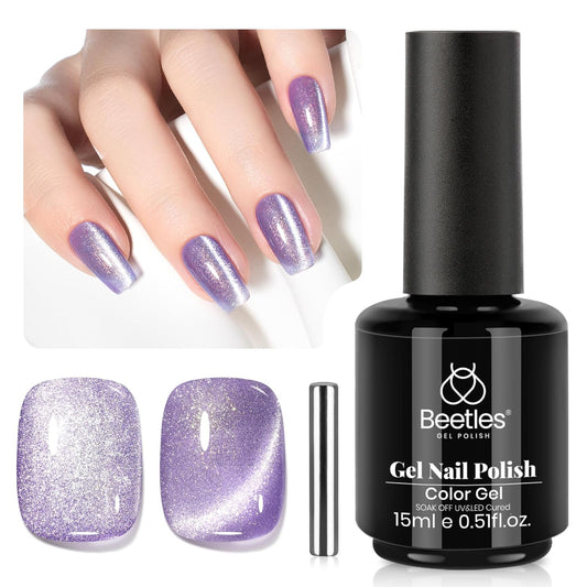 Beetles Purple Cat Eye Gel Polish, 15ML Purple Cat Eye Glitter Gel Polish with Magnet Soak Off UV Shimmer Velvet Gel Twilight Lavender Series French Nail Art Design Manicure Gifts for Women