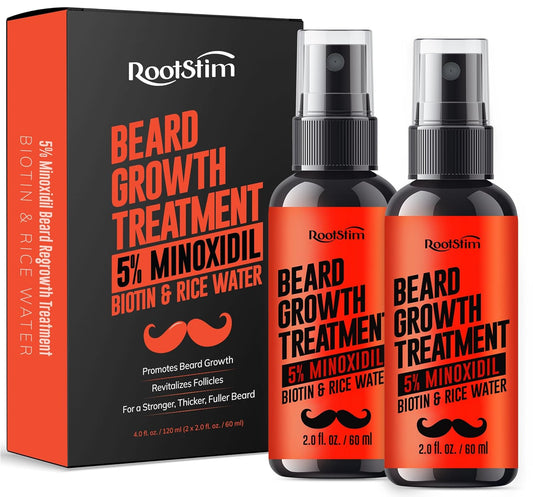 5% Minoxidil Beard Growth Serum for Men: 2-Pack Hair Regrowth Spray with Biotin & Rice Water - Extra Strength Beard Oil for Faster Thicker and Fuller Beard Growth - 4.06 Fl Oz