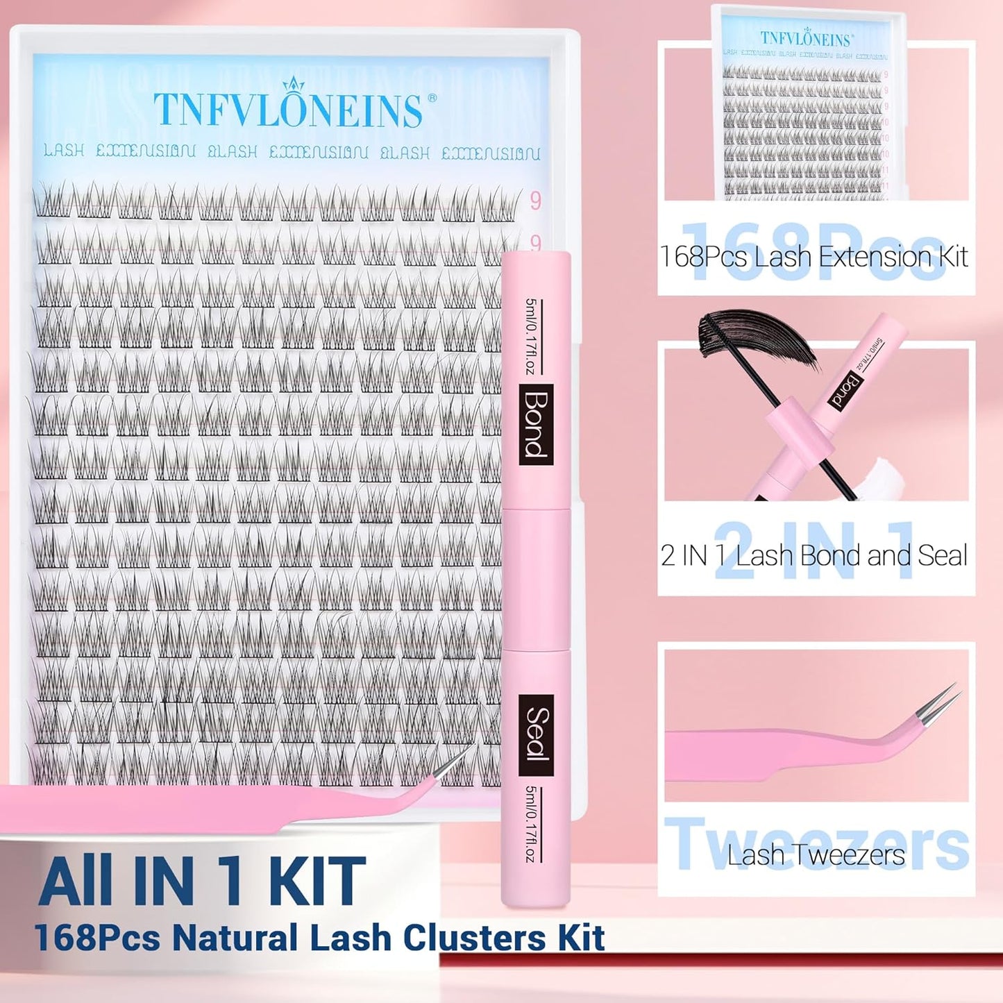 Natural Lash Extension Kit 168Pcs Lash Clusters Kit Wispy Eyelash Extensions 9-12MM Individual Lashes Extensions with Bond and Seal Lash Glue and Eyelash Extension Tweezers DIY at Home by TNFVLONEINS