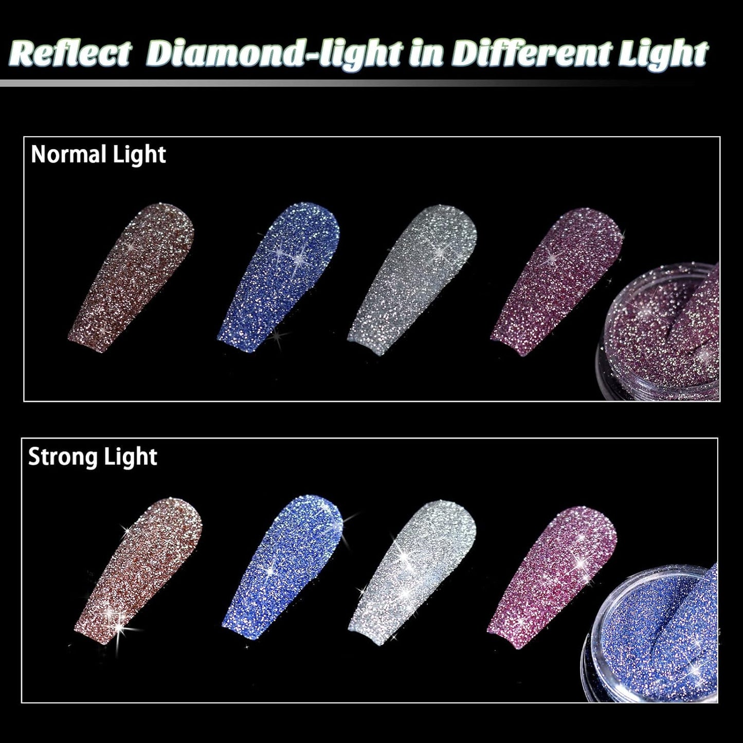 Allstarry Diamond Nail Glitter 4 Colors Sparkling Korea Reflective Glitter Diamond Dust Shiny Powder Pigment Craft Sequins Nail Supplies for Nail Art Gel Polish Crafts Disco Party Nightclub Wedding