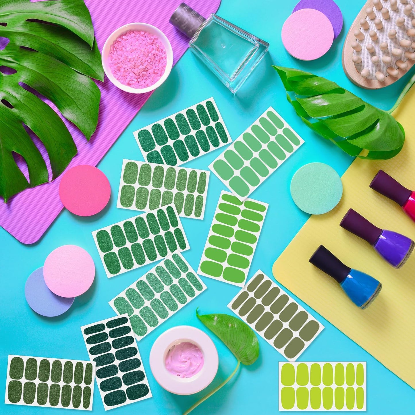 DANNEASY 16 Sheets Green Nail Wraps for Women Full Nail Polish Stickers Fresh Color Self Adhesive Nail Polish Strips Glitter Nail Strips Gel Fingernail Sticker Nails with File, Cuticle Stick