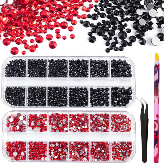 3440PCS 6 Sizes Black and Red Glass Crystal Kit with Pickup Pen + Tweezer Tools for Iridescent Shine Nail Art Manicure Makeup DIY Deco Flatback Round Bead Rhinestone Gem Jewelry Diamond