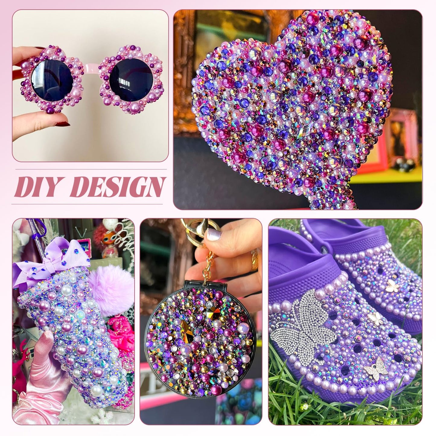 9000Pcs Flatback Pearls and Rhinestones for Crafting, Purple Series Mixed Size 3-8mm Resin Rhinestones and Half Pearls for Bedazzling, Nail Art with Tweezers and Pickup Pencil