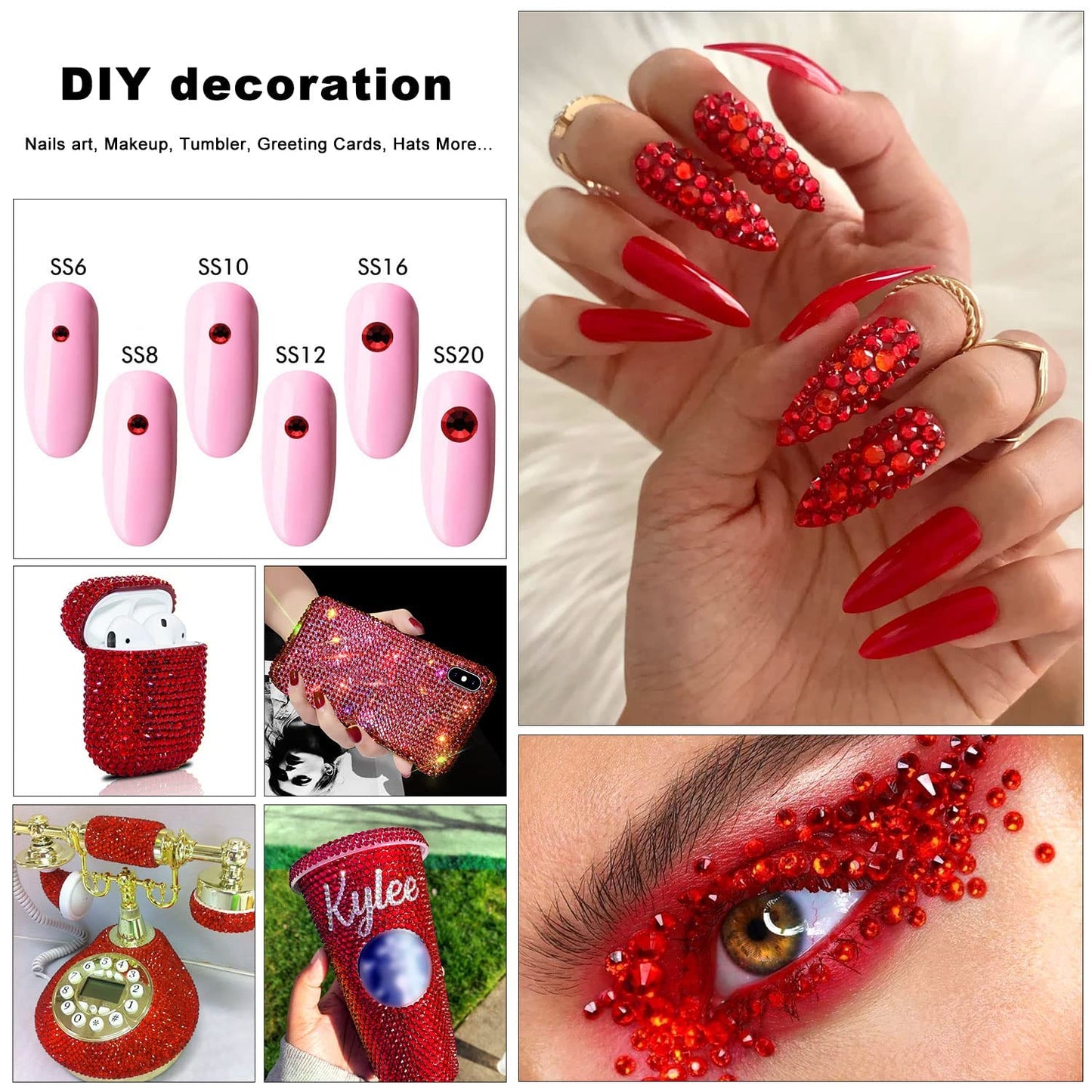 4240Pcs Dark Red Flatback Rhinestones 6 Sizes Crystal Diamonds for Nail Art Crafts Clothes Shoes with Tweezers and Picking Pen