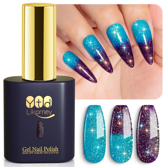YTD Likomey Color Changing Gel Nail Polish,15ml Turquoise Blue to Deep Purple Brocade Glitter Mood Temperature Change Colors Fall Winter Thermal Ombre Sparkle UV Varnish,HEMA Free TPO Free,WB505