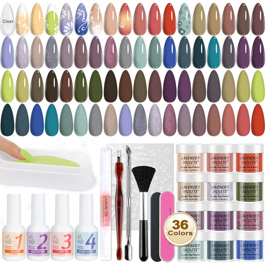 LAVENDER VIOLETS Dip Powder Nail Kit - 36 Colors Brown Green Blue Reflective Glitter with Dipping Powder Liquid Set and Nail Art Tool for Home Salon B5X1