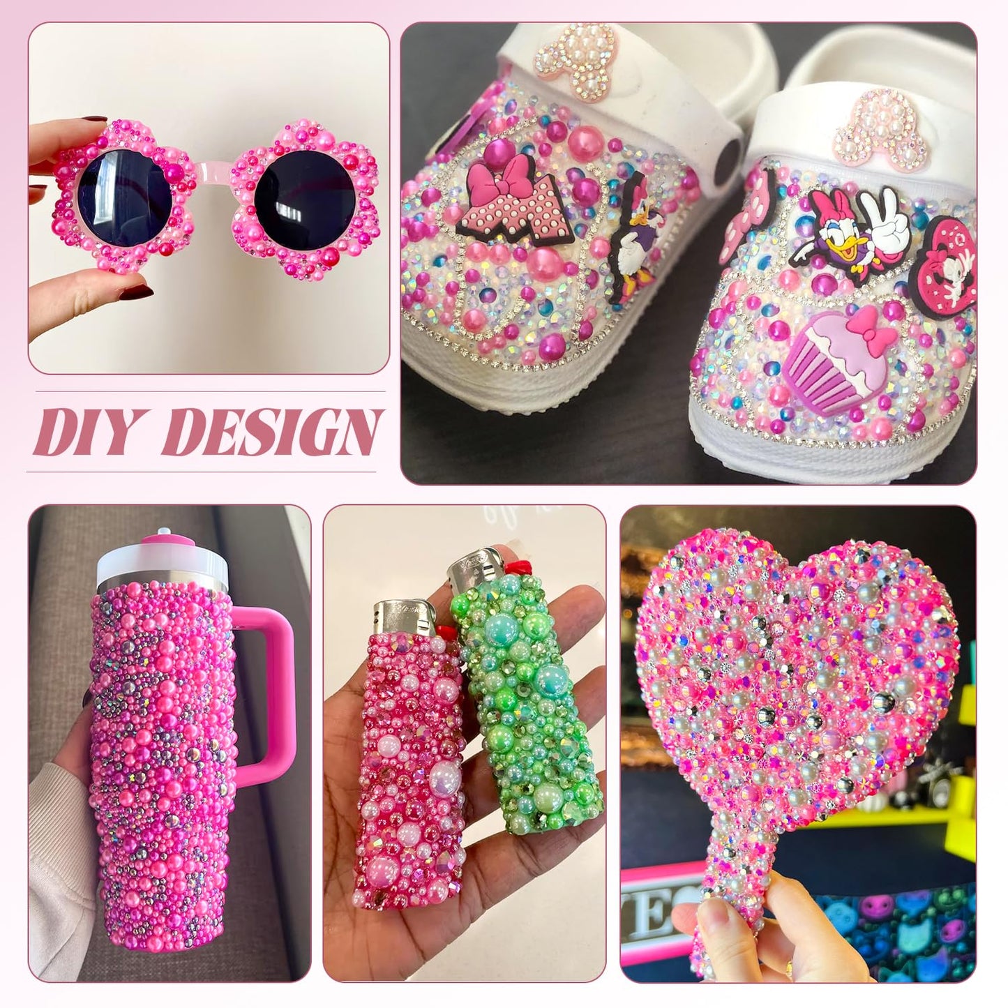 9000Pcs Flatback Pearls and Rhinestones for Crafting, Hot Pink Light Pink Mixed Size 3-8mm Resin Rhinestones and Half Pearls for Bedazzling, Nail Art with Tweezers and Pickup Pencil