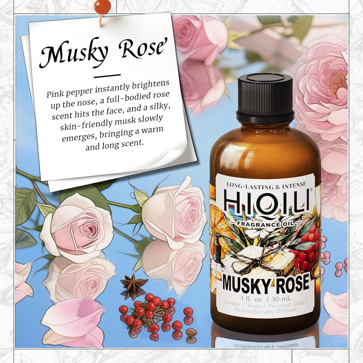 HIQILI Musky Rose Fragrance Oil for Hotel Diffuser, Luxury Scents, for Making Aromatherapy Candle, Perfume, Scented Home Decor- 1 Fl Oz