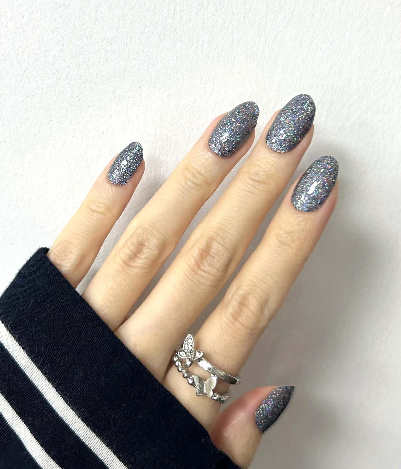 Nail Polish Strips - 22 Pcs Salon Quality Gel Nail Stickers - Long Lasting Wraps (Mystery Black Glitter)