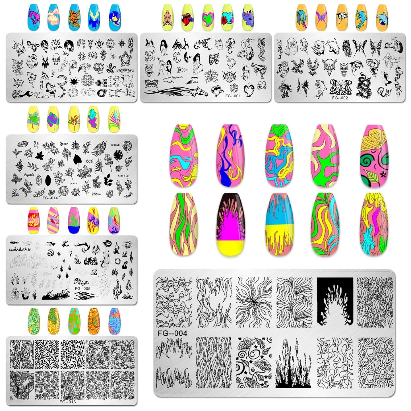 AddFavor Nail Stamper Kit 7pcs Nail Stamping Plates Flower Animal Flame Leaves Image Nail Stencils with 2 Stamp and 2 Scraper for Home Salon Manicure Design Supplies Tools