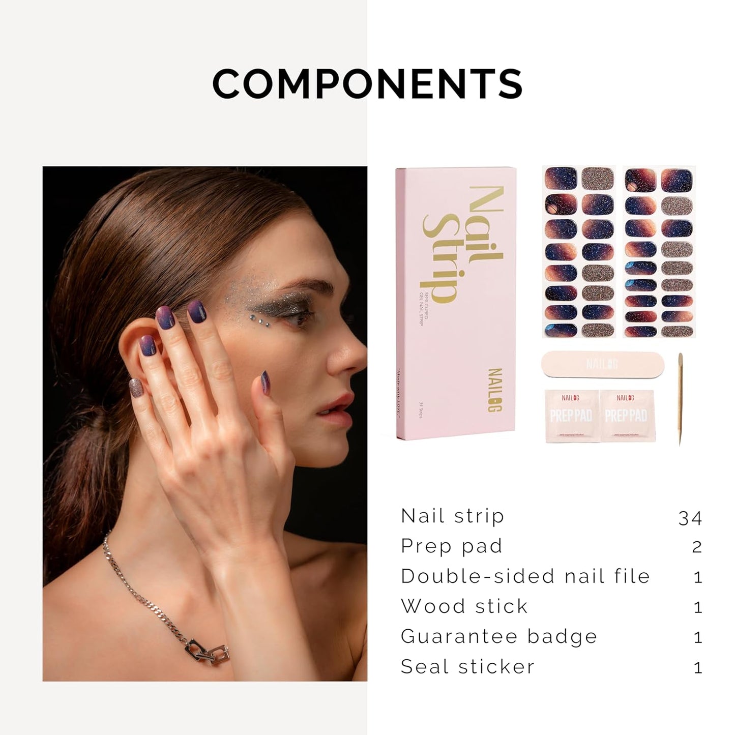 NAILOG Semi Cured Gel Nail Strips 34 pcs| Buy 2 Get 1 UV Lamp | Long Lasting Nail Polish Sticker Wraps with Glossy Gel Finish, Milky Way
