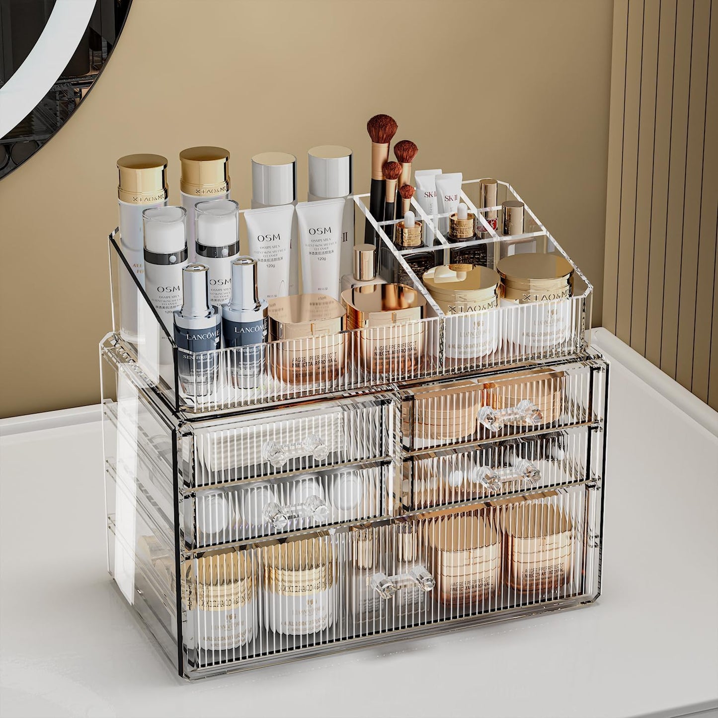 ZHIAI Stackable Organizer, Acrylic Cosmetic Organizer for Dresser, Vanity, Kitchen Cabinet, Bathroom, Under Sink, Home Organization and Storage (1 Top 5 Drawers)