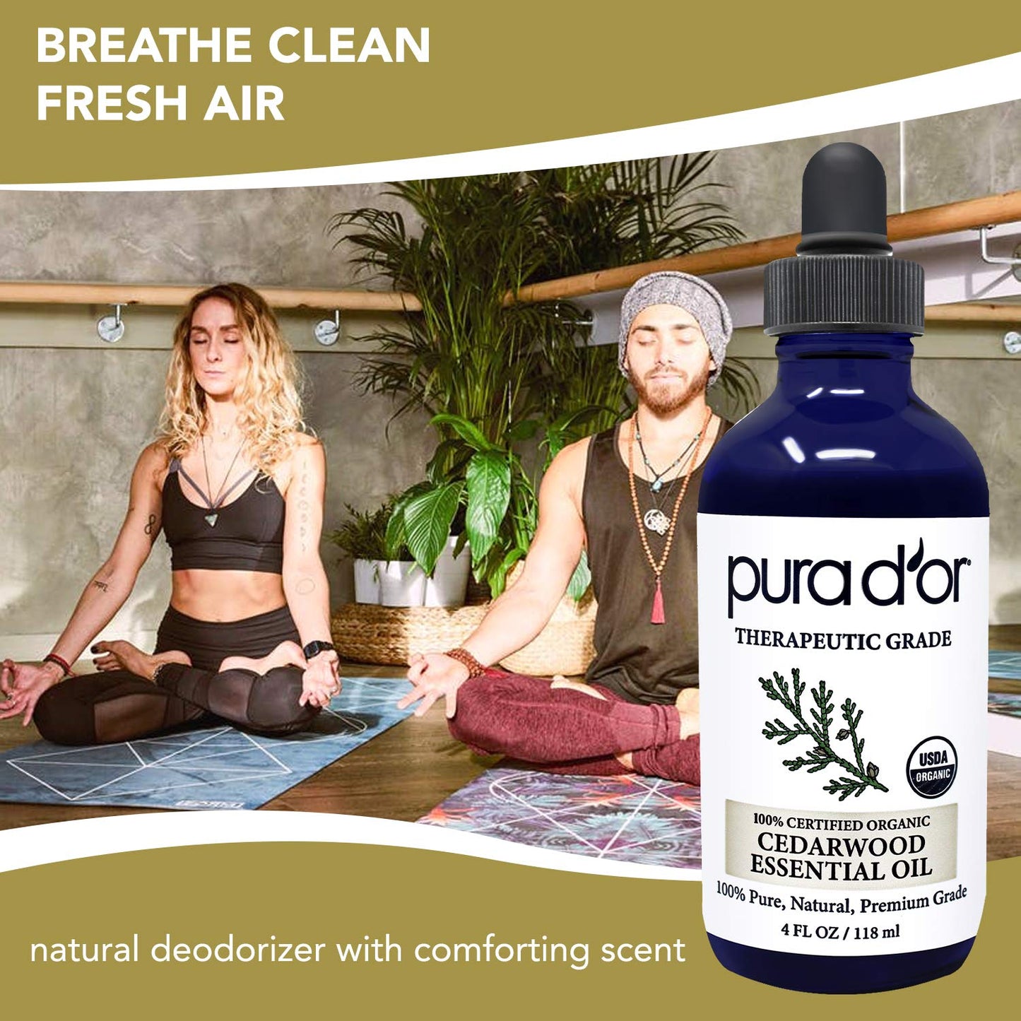 PURA D'OR Organic Cedarwood Essential Oil (4oz with Glass Dropper) 100% Pure & Natural Therapeutic Grade for Hair, Body, Skin, Aromatherapy Diffuser, Relaxation, Massage, Odors, Home, DIY Soap