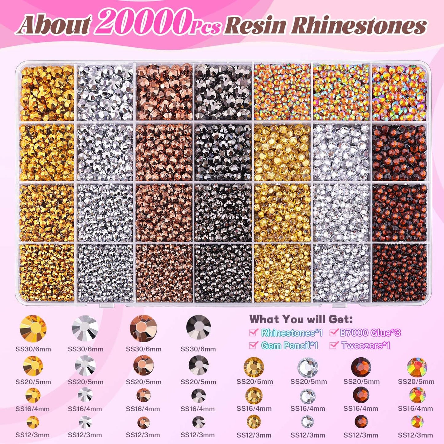 20000Pcs Metallic Rhinestones for Bedazzling with 3Pcs B7000 Jewelry Glue, Resin Rhinestones for Crafting Crafts，Bedazzler Kit Flatback Gems for Clothing Shoes Tumblers Nail Art