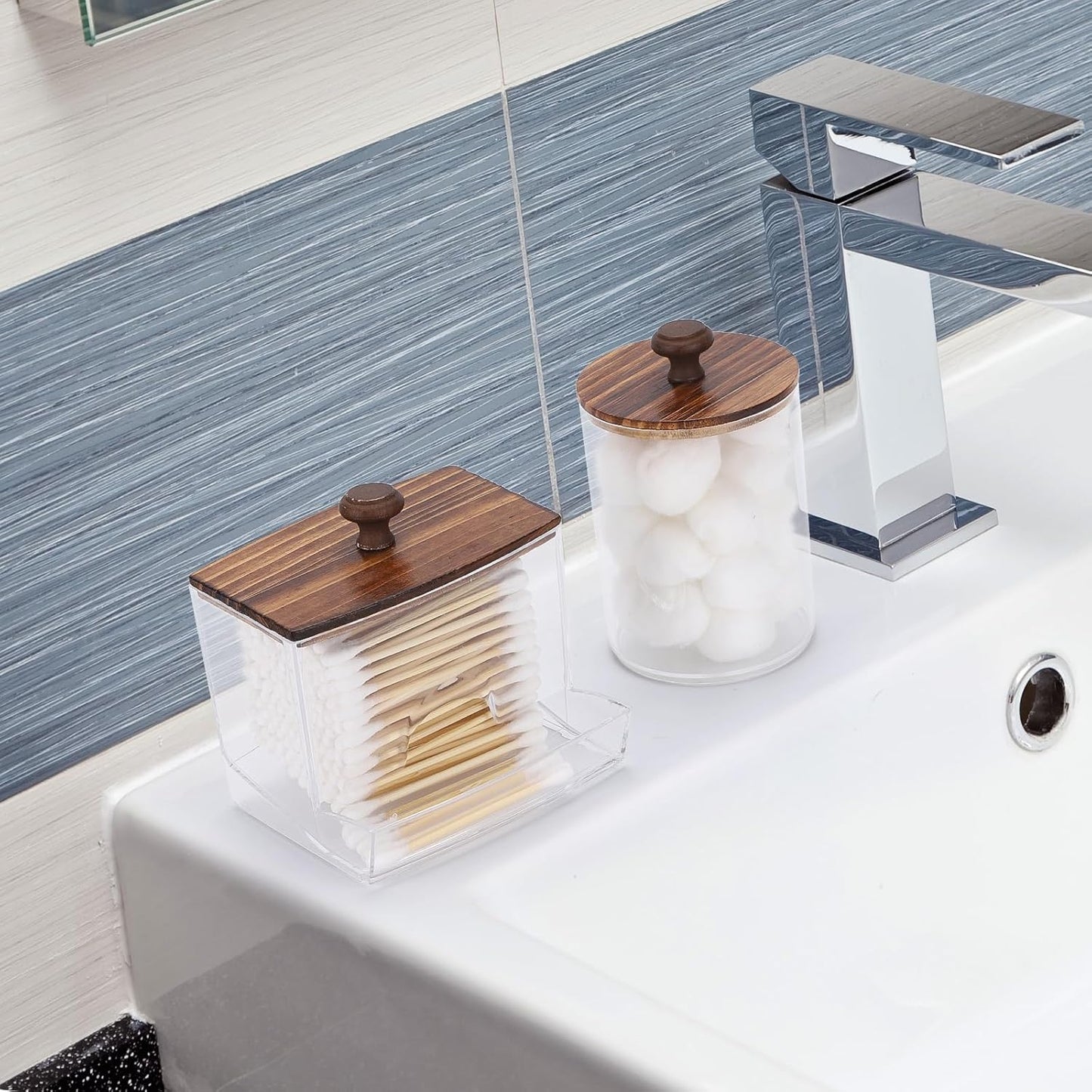 Tbestmax Qtips Holder Bathroom Container, 10oz Big Qtips Dispenser Cotton Ball Holder, Clear Plastic Apothecary Jar Organizer for Storage Cotton Swab, Cotton Round Pads, Floss Picks