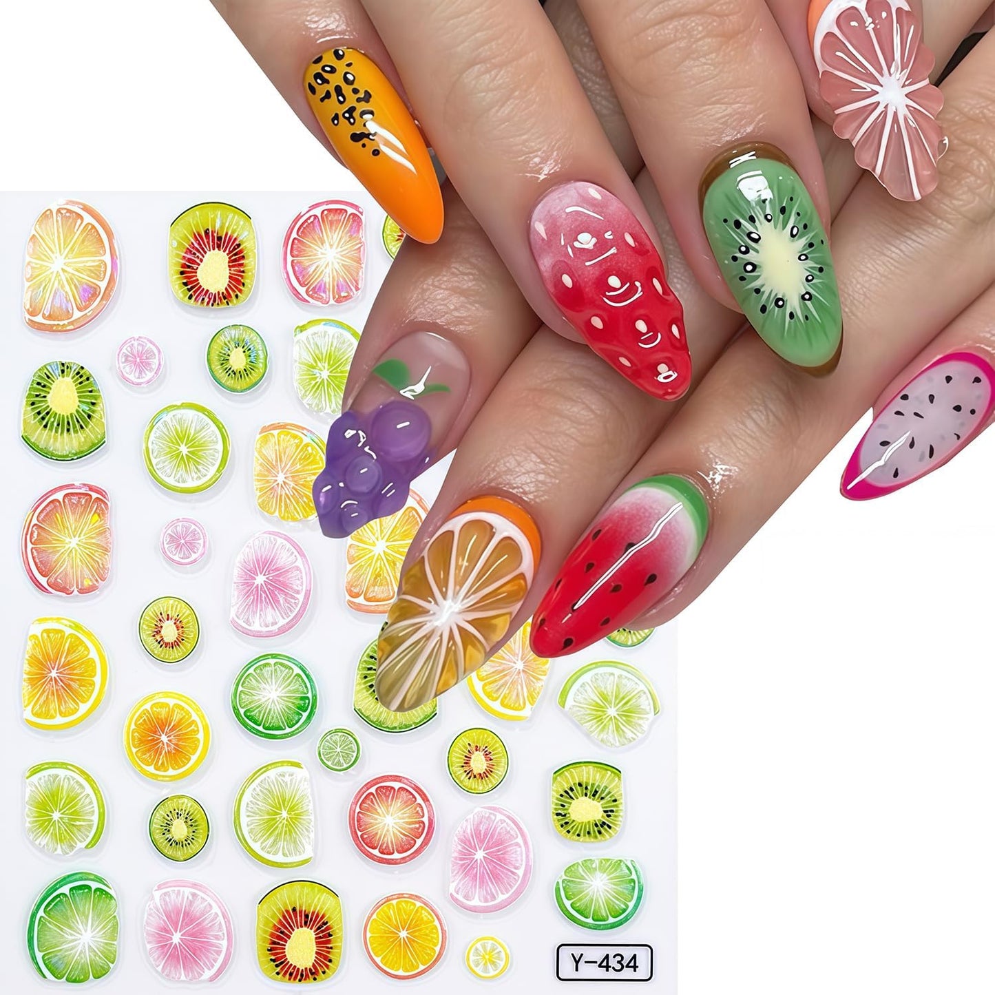 Summer Nail Art Stickers Fruits Nail Sticker 3D Self-Adhesive Shiny Lemon and Cherry Design Nail Decals DIY Salon Acrylic Nail Art Decoration Accessories for Women Vacation Nails