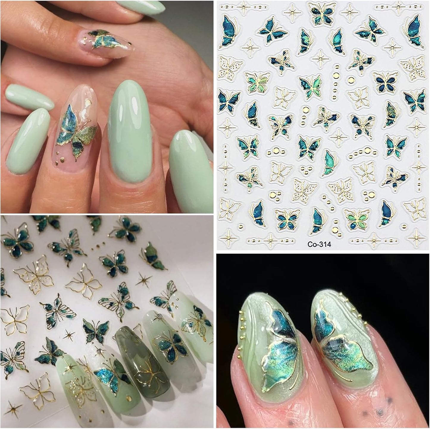 Spring Flower Nail Art Stickers Decals Blue Green Butterfly Nail Decals Self Adhesive 5D Embossed for Women Nails Design Decoraion 3D Flower Mails Stickers Supplies