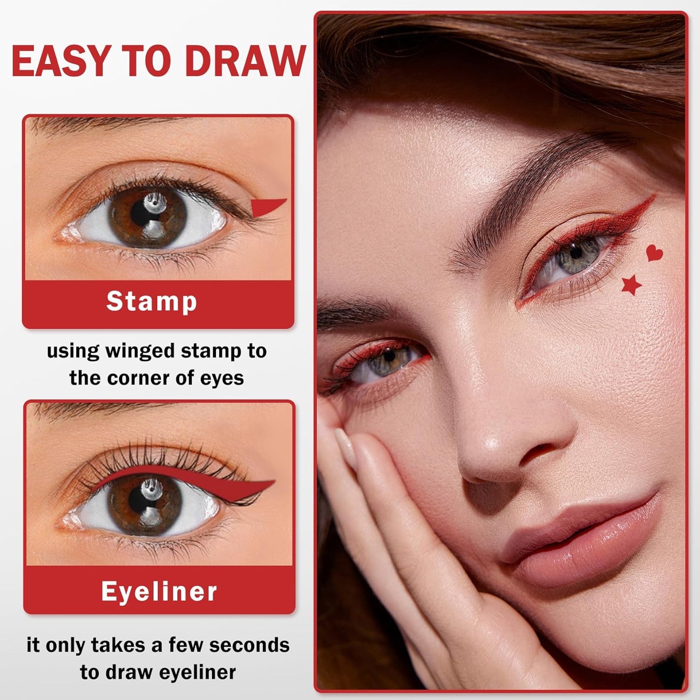 2PCS Double-headed Eyeliner Stamp Pencil Red Liquid Winged Eyeliner Stamp Pen Waterproof Smudgeproof Eye Liner Stamp for Eye Makeup(Star+Heart)